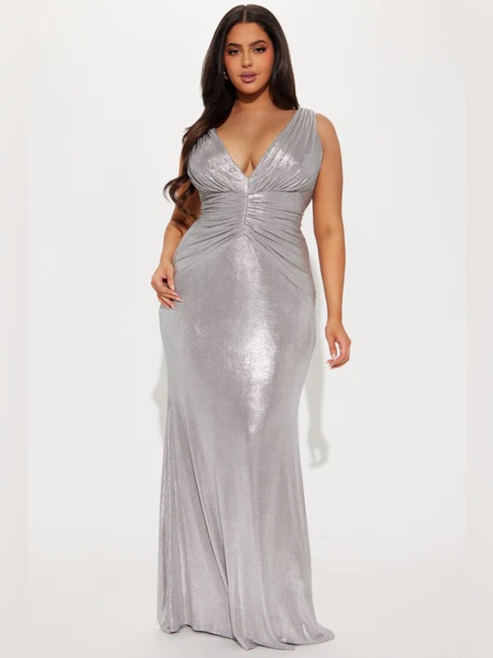 Silver Metallic V-Neck Evening Gown - Womens PLUS 1XL